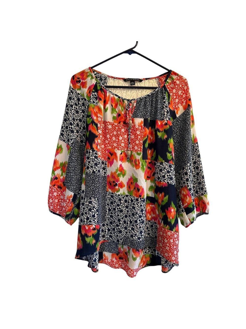 Zac & Rachel Cottage Prairie Hippie Tunic Top Womens M Lace 3/4 Balloon Sleeve